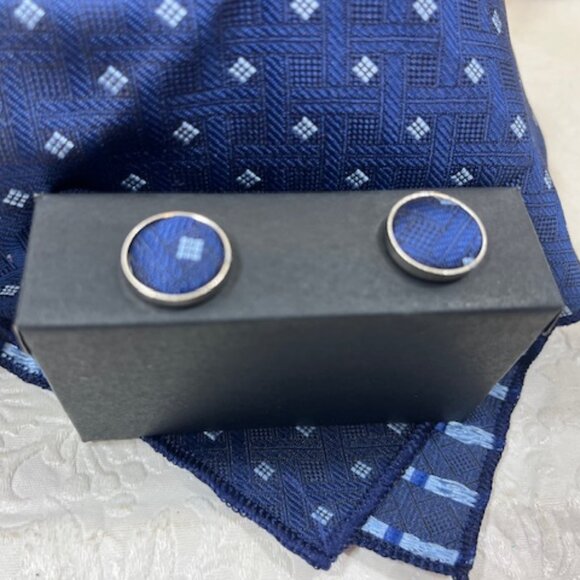 Handmade 100% Silk Cuff Links & Handkerchief Blue - Picture 11 of 11